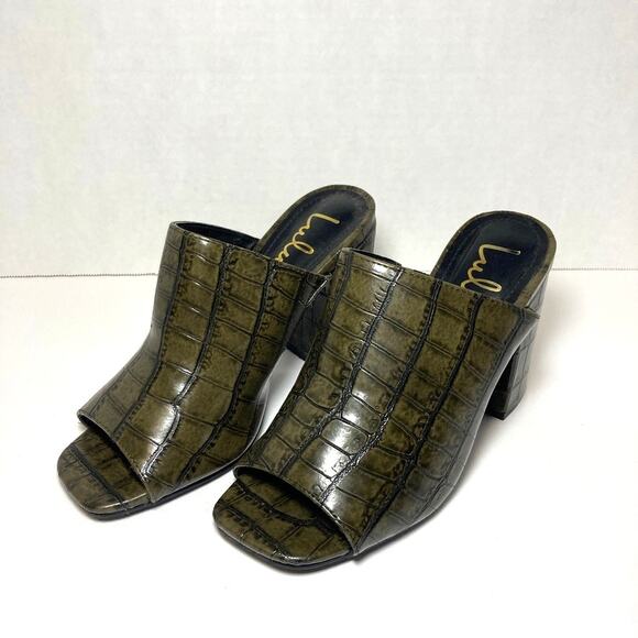 Lulus Shoes - Lulus Croc Pattern Peep Toe Block Heel Mules Womens 7.5 Olive Green Faux Leather